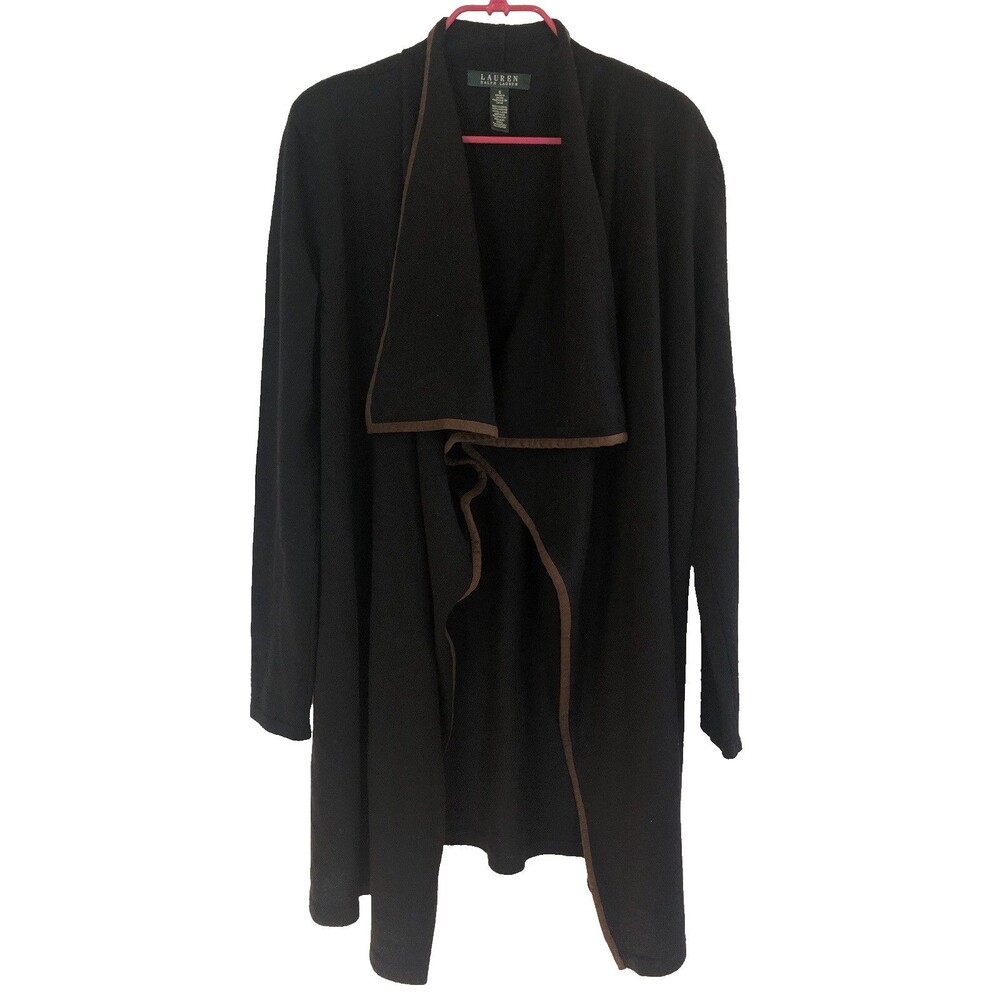 Lauren Ralph Lauren 100% Merino Wool Drape Open Front Trim Cardigan Black Small